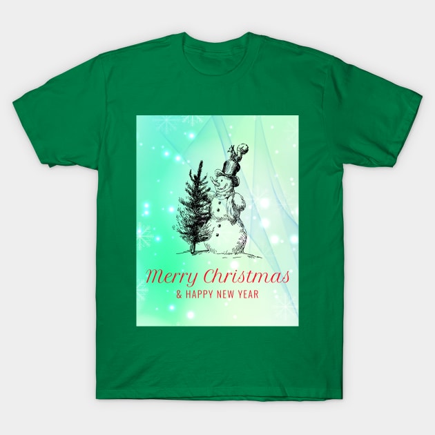 Christmas bright background with hand drawn Christmas tree and Christmas snowman and xmas decorations T-Shirt by Mashmosh